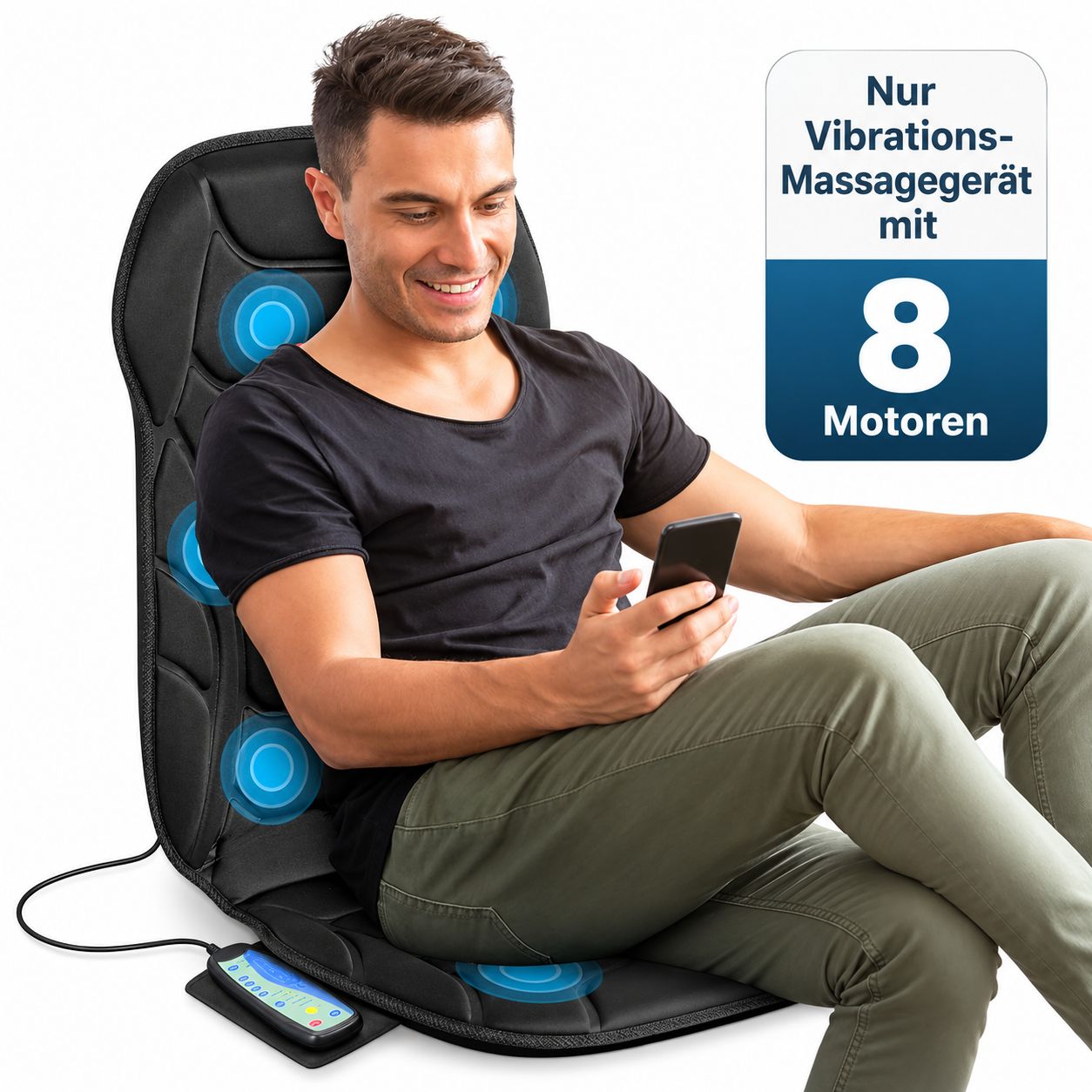 Frau entspannt sich auf einem Kissen, das als Massagegerät dient, mit Nahaufnahme des Materials.