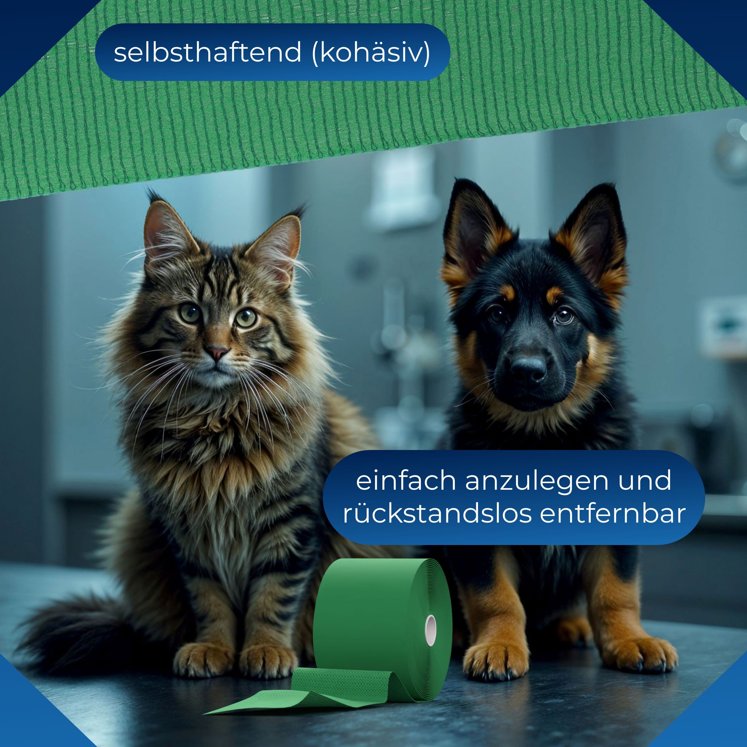 Grüne Fixierbinde, teilweise abgerollt. Katze und Hund. Text: selbsthaftend (kohäsiv), einfach anzulegen und rückstandslos entfernbar.