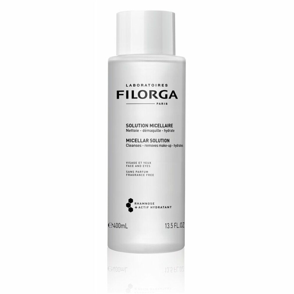 Weisse Flasche mit Filorga-Etikett. Text: Solution Micellaire, Micellar Solution. Reinigt, entfernt Make-up, hydratisiert. 400ml, 13.5 FL OZ.