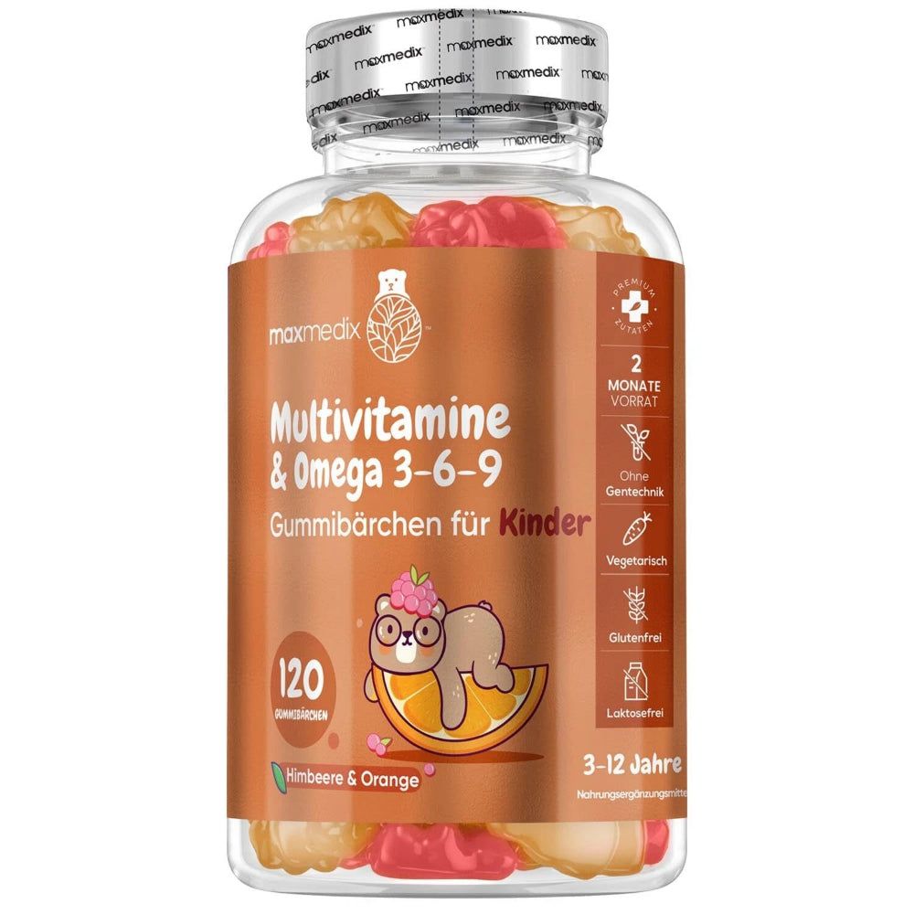 Multivitamin-Gummibärchen für Kinder. Flasche mit 120 Gummibärchen. Geschmack: Himbeere & Orange. Enthält Omega 3-6-9.
