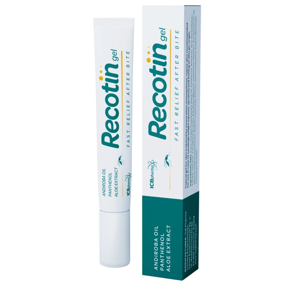 Tube und Verpackung von Recotin Gel. Aufschrift: Fast Relief After Bite. Enthält Andiroba Öl, Panthenol, Aloe Extrakt.
