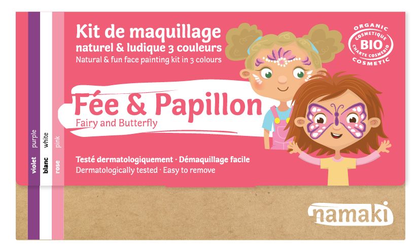 Verpackung mit Namaki Bio Schminkset Fee & Schmetterling. Rosa, violett und weiße Farben. Aufdruck mit zwei Kindern mit geschminkten Gesichtern.