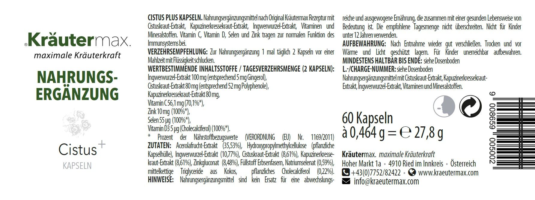 Etikett mit Text: Kräutermax Cistus+ Kapseln, Nahrungsergänzung. Inhaltsstoffe, Verzehrempfehlung, Nährwertangaben. 60 Kapseln.