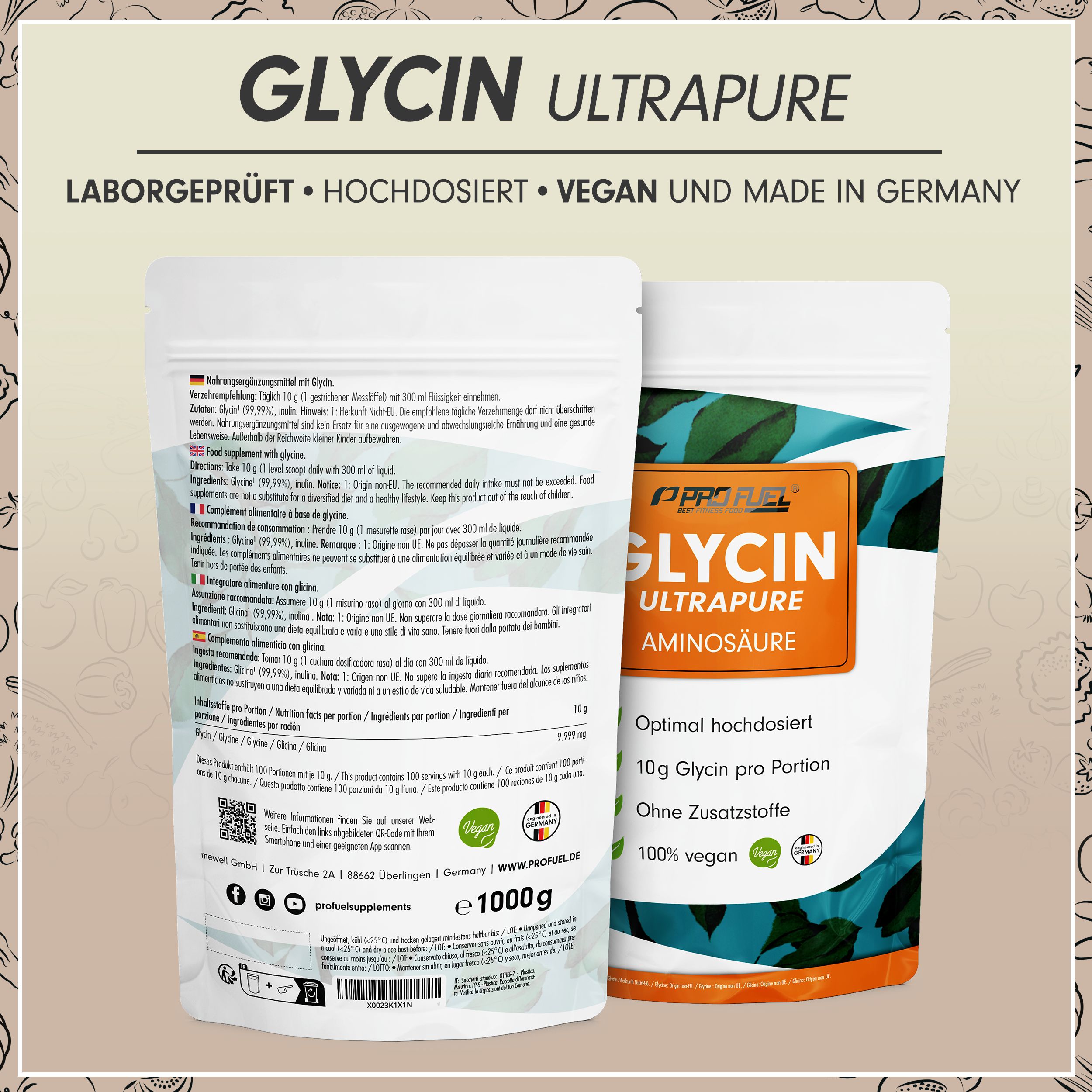 Zwei Beutel Glycin-Pulver. Rückseite mit Nährwertangaben und Inhaltsstoffen. Vorderseite: 10g Glycin, ohne Zusatzstoffe, 100% vegan.