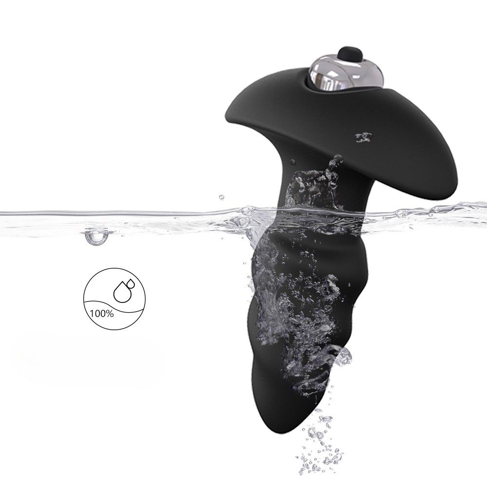 Schwarzer Analvibrator im Wasser. Pilzförmiger Kopf, geriffelte Basis. 100% wasserdicht-Symbol.