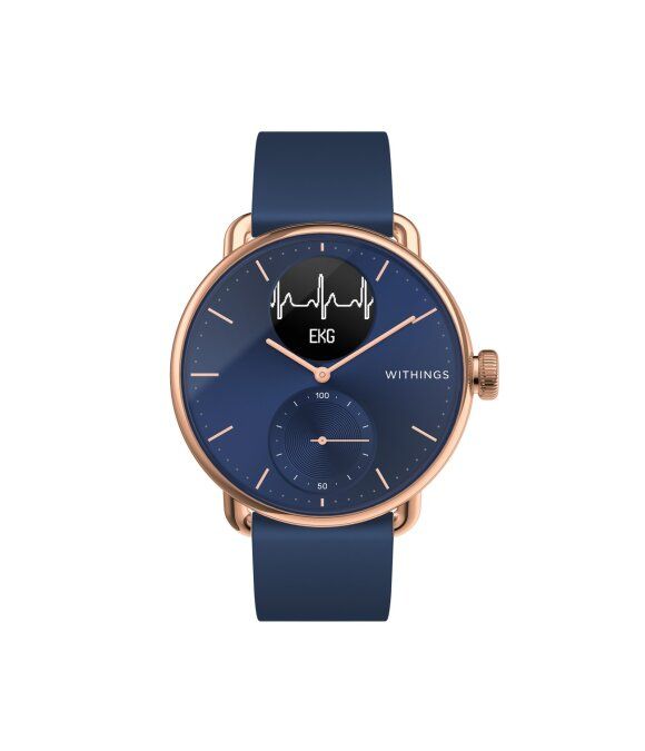 Blaue Smartwatch mit roségoldfarbenem Gehäuse und Armband. EKG-Anzeige auf dem Zifferblatt. Marke WITHINGS.