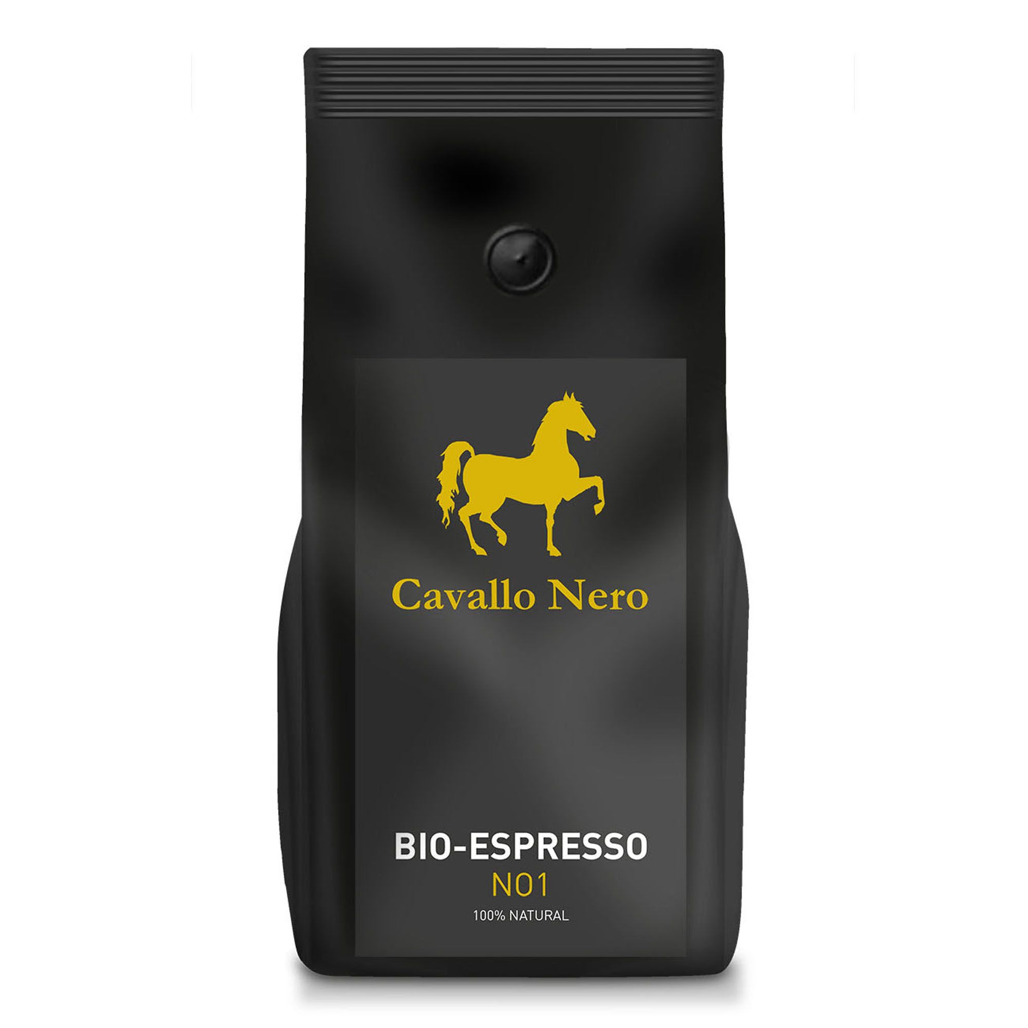 Schwarzer Beutel mit goldfarbenem Logo eines Pferdes. Text: Cavallo Nero, BIO-ESPRESSO, N1, 100% NATURAL.