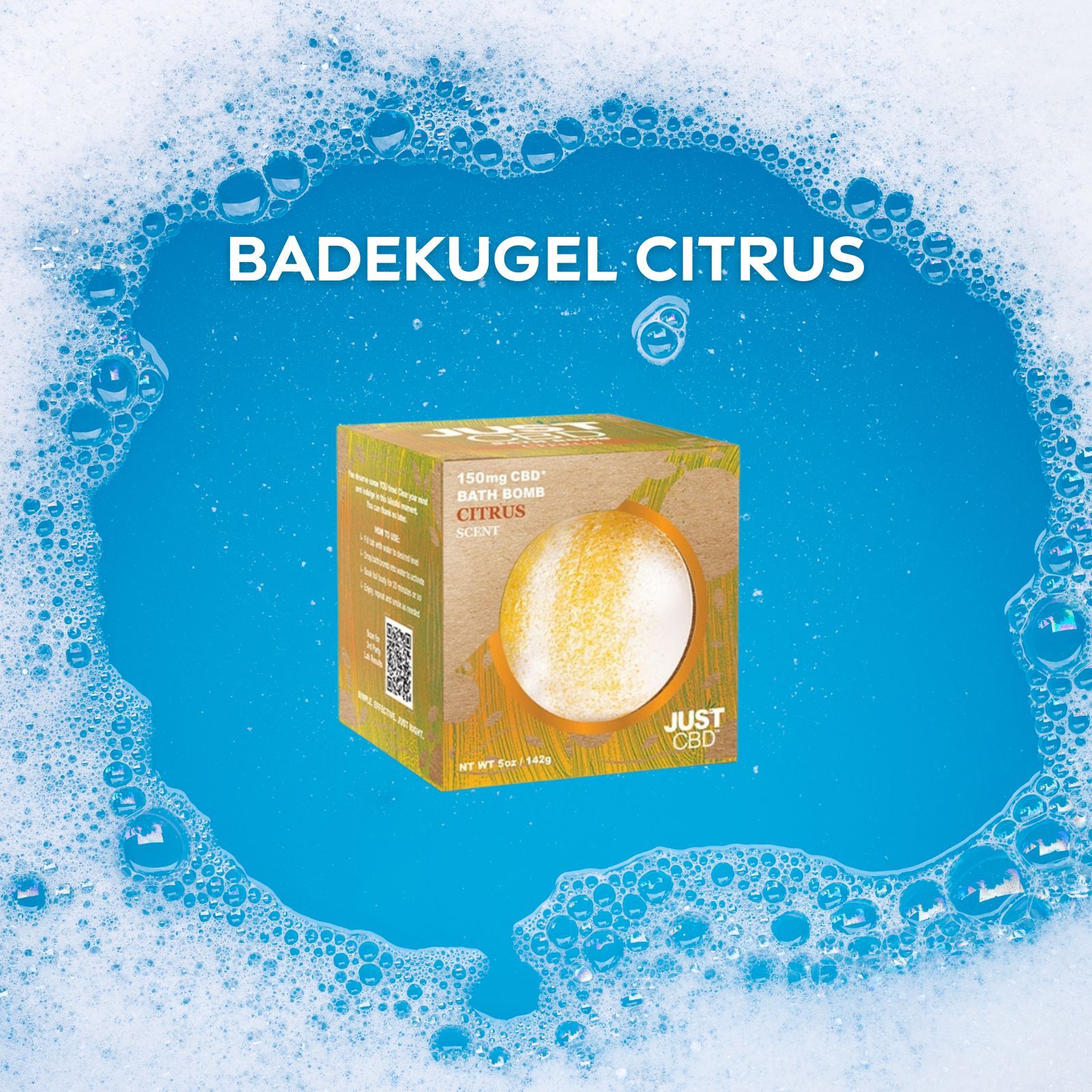 Karton mit CBD-Badebombe. Aufschrift: 150mg CBD, Citrus. Marke: JUST CBD. Im Schaumbad.