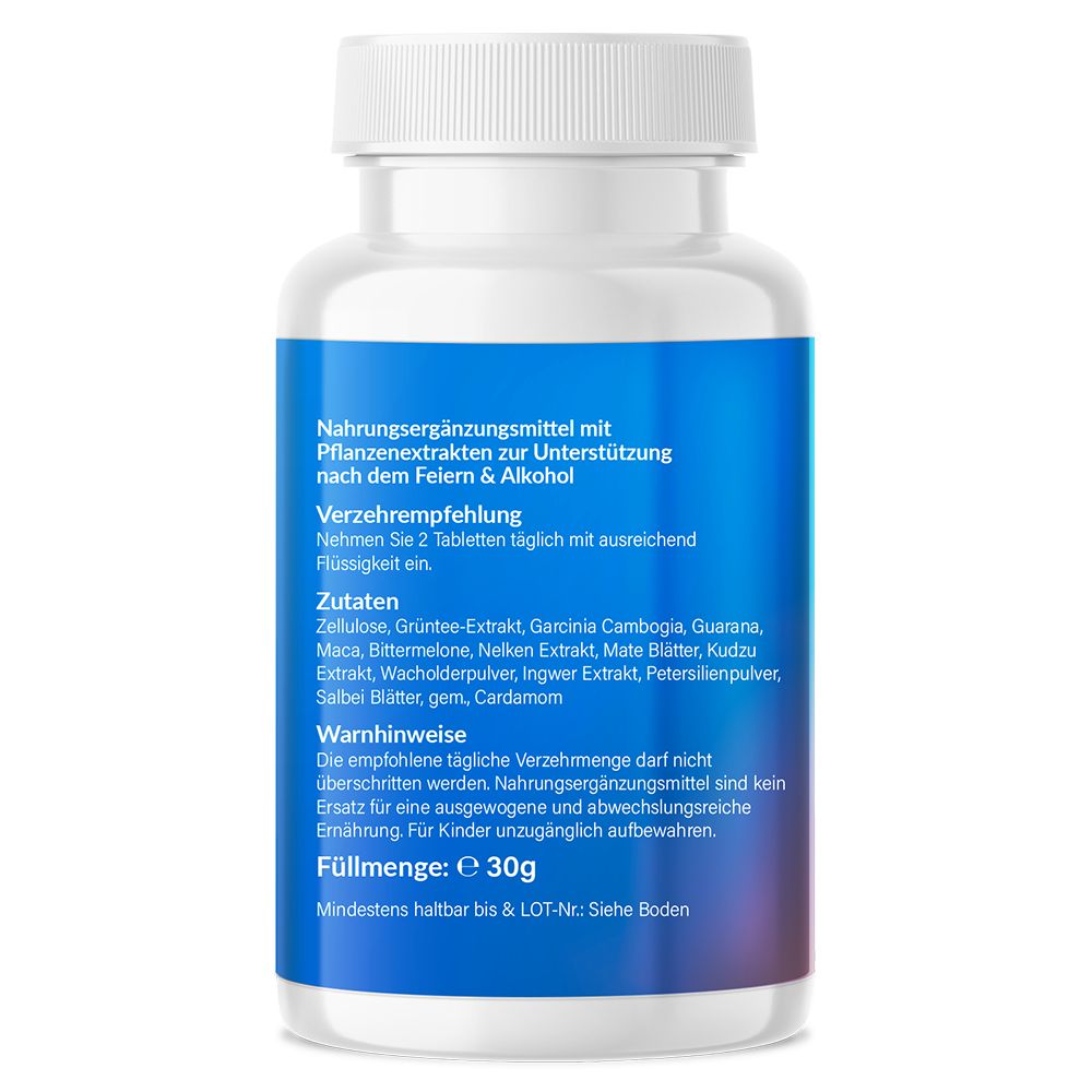 Rückseite der Tablettenflasche. Text: Nahrungsergänzungsmittel. Zutatenliste. Warnhinweise. Füllmenge: 30g. Mindestens haltbar bis.