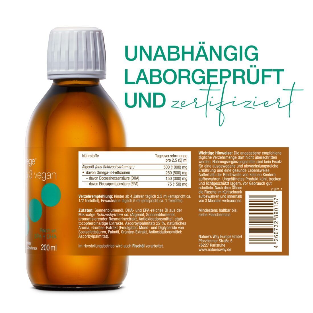 Braune Flasche mit Etikett. Text: Unabhängig laborgeprüft und zertifiziert. Nährwerttabelle.