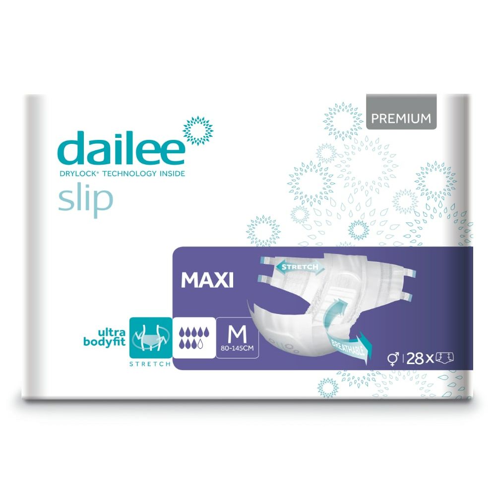 Verpackung Dailee Slip Premium Maxi. Produktabbildung mit Produktmerkmalen und Größenangabe M (80-145cm). Packungsinhalt: 28 Stück.