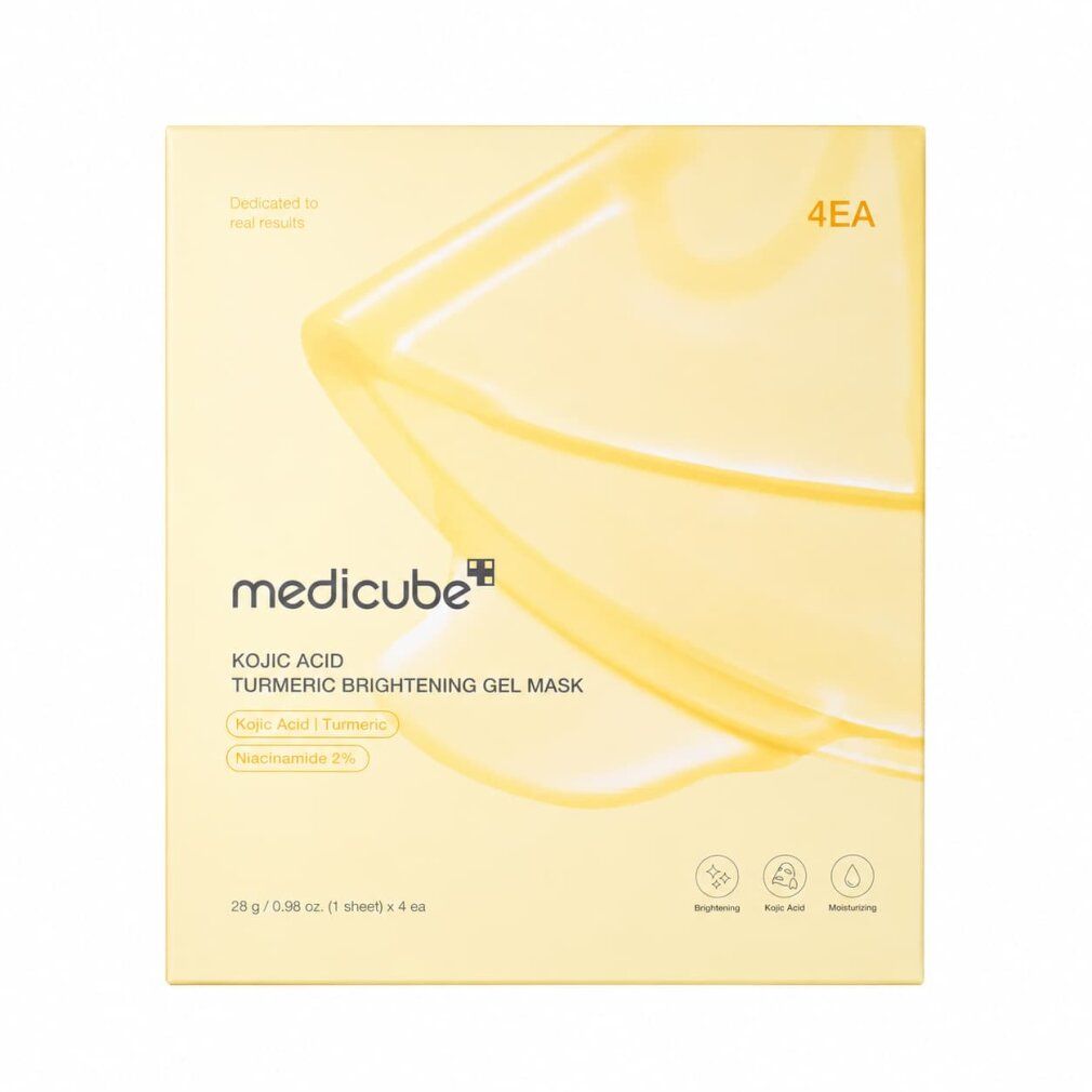 Packung Medicube Kojic Acid Turmeric Brightening Gel Mask, 4 Stück, mit Icons.