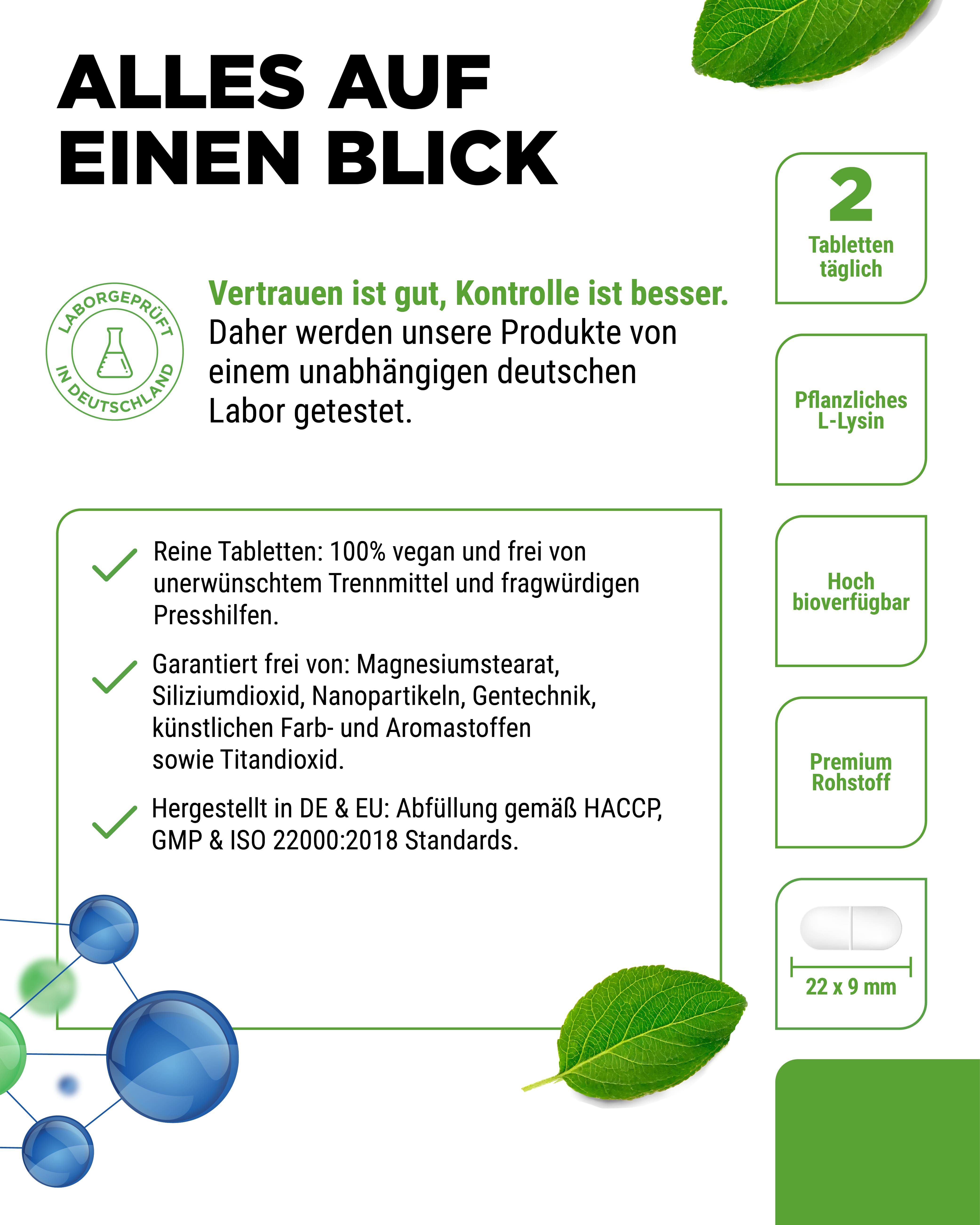 Weiße Flasche mit grünem Deckel. Aufschrift: vit4ever L-LYSIN 2000 MG. Vegan. 160 Tabletten. Laborgeprüft.