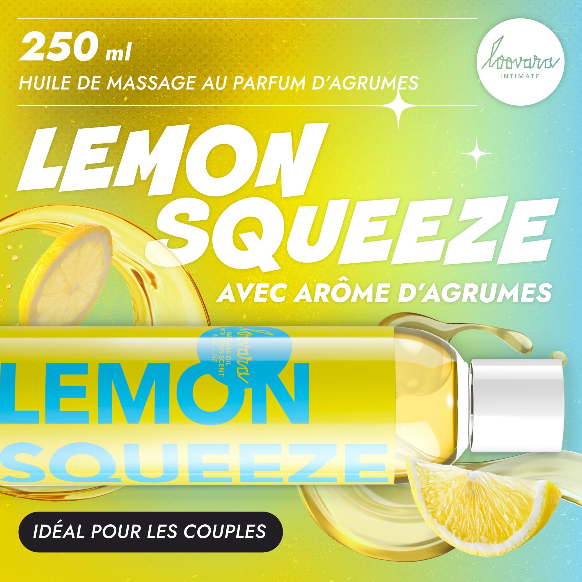 Flasche Loovara Lemon Squeeze Massageöl, 250 ml, mit Zitrusduft.