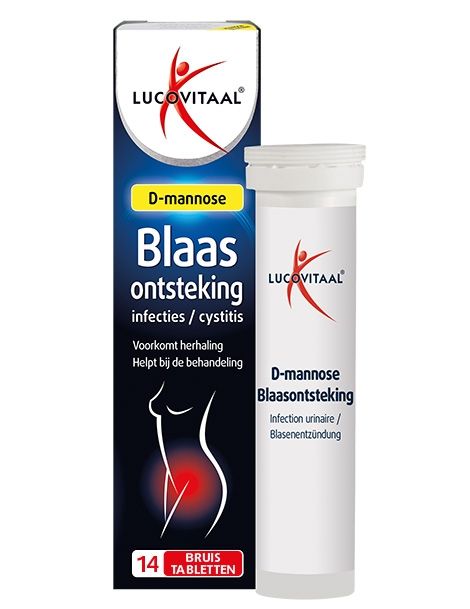 Verpackung und Tube "Lucovitaal D-Mannose Blaasontsteking". Enthält 14 Brausetabletten. Produktname und Logo deutlich sichtbar.