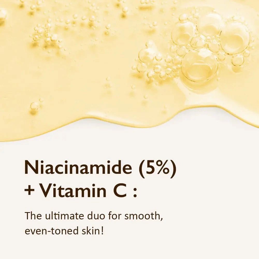 Text: Niacinamid (5%) + Vitamin C. Für glatte, ebenmäßige Haut.