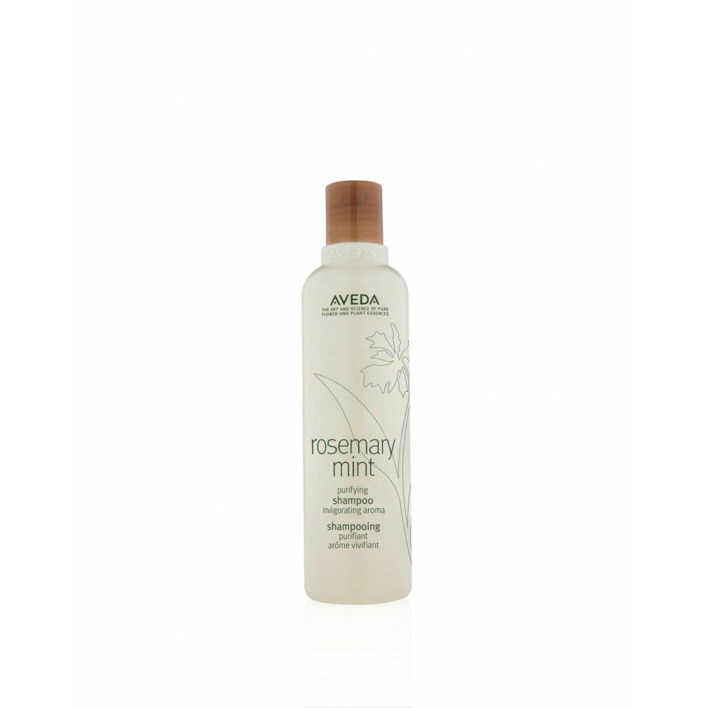 Aveda Shampoo-Flasche. Weißes Etikett mit Text: Rosemary Mint, Shampoo. Brauner Deckel. 250 ml.