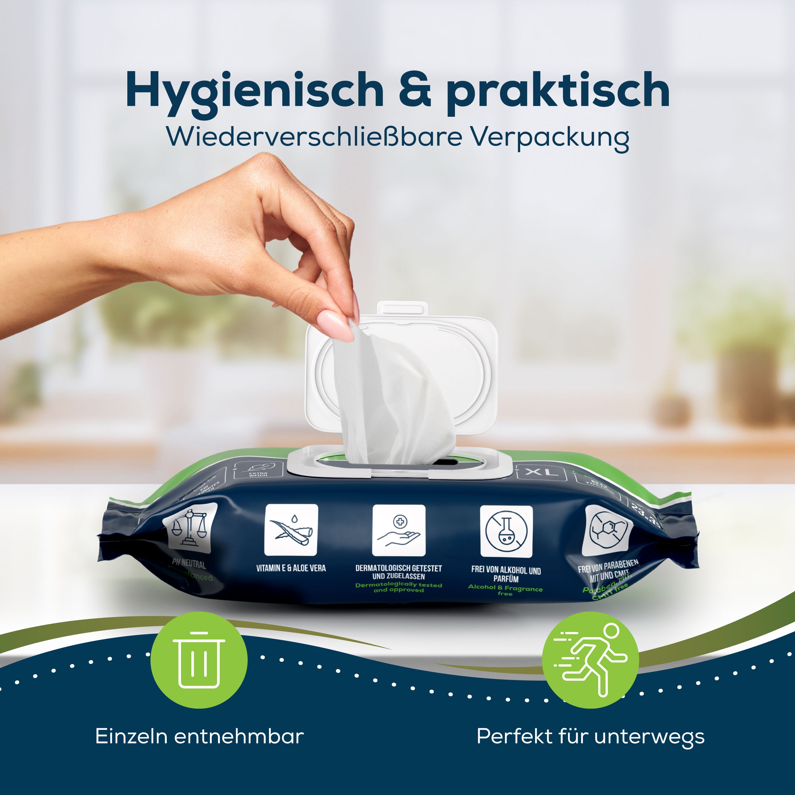 Feuchttücher-Verpackung mit Deckel. Text: Hygienisch & praktisch, wiederverschließbar, einzeln entnehmbar, perfekt für unterwegs.