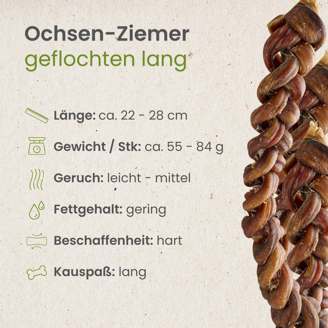 Geflochtene Rinderdarm-Kauartikel, ca. 22-28 cm lang, 55-84 g schwer.
