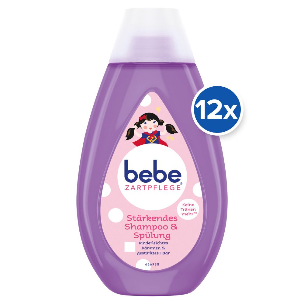 Violette Flasche "bebe Zartpflege" Shampoo & Spülung. Mit Kinder-Illustration und Text. 12x-Kennzeichnung.