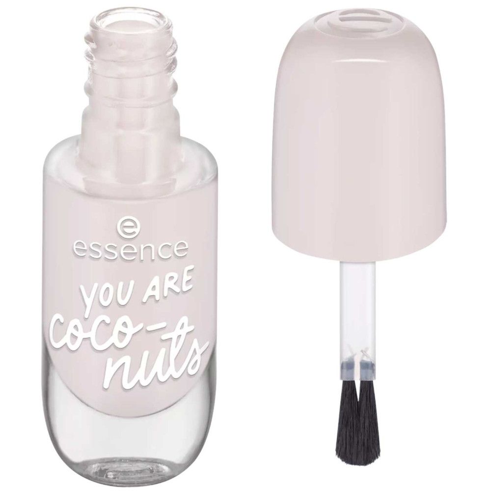 Geöffnete Nagellackflasche, hellrosa, mit Pinsel. Weißer Schriftzug "you are coco-nuts". Marke: Essence. Kappe daneben.