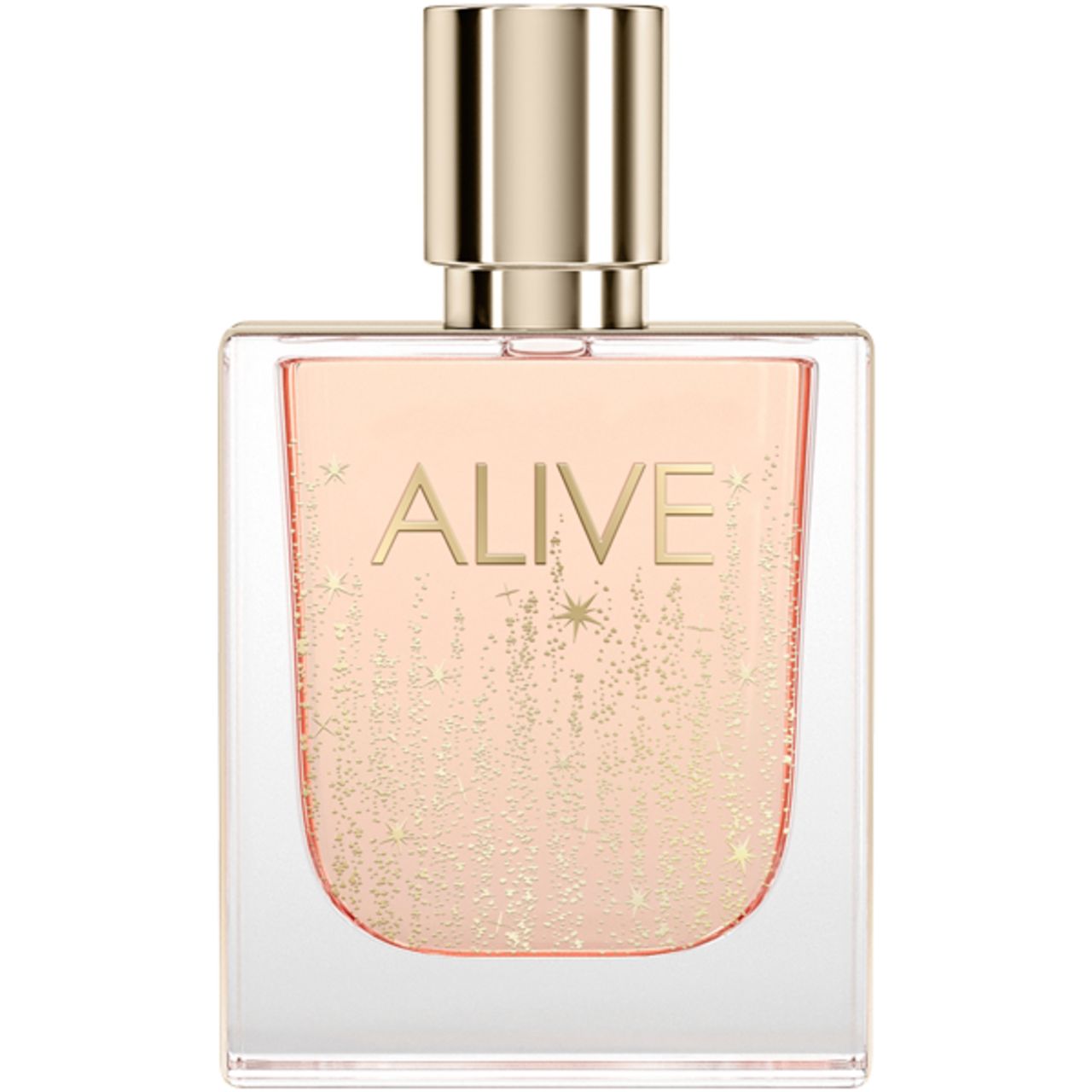Quadratischer Flakon mit goldfarbenem Verschluss. Aufschrift "ALIVE". Rosa Flüssigkeit mit Glitzerpartikeln.