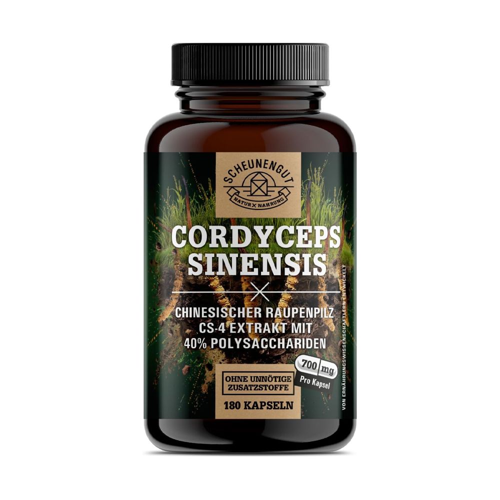 Braune Glasflasche mit Cordyceps Sinensis CS-4 Extrakt Kapseln, 180 Stück.