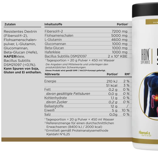 Detailansicht der Dose. Aufschrift: HBN Supplements, Bacillus Subtilis. Nährwerttabelle mit Inhaltsstoffen und Nährwerten. Text in deutscher Sprache.