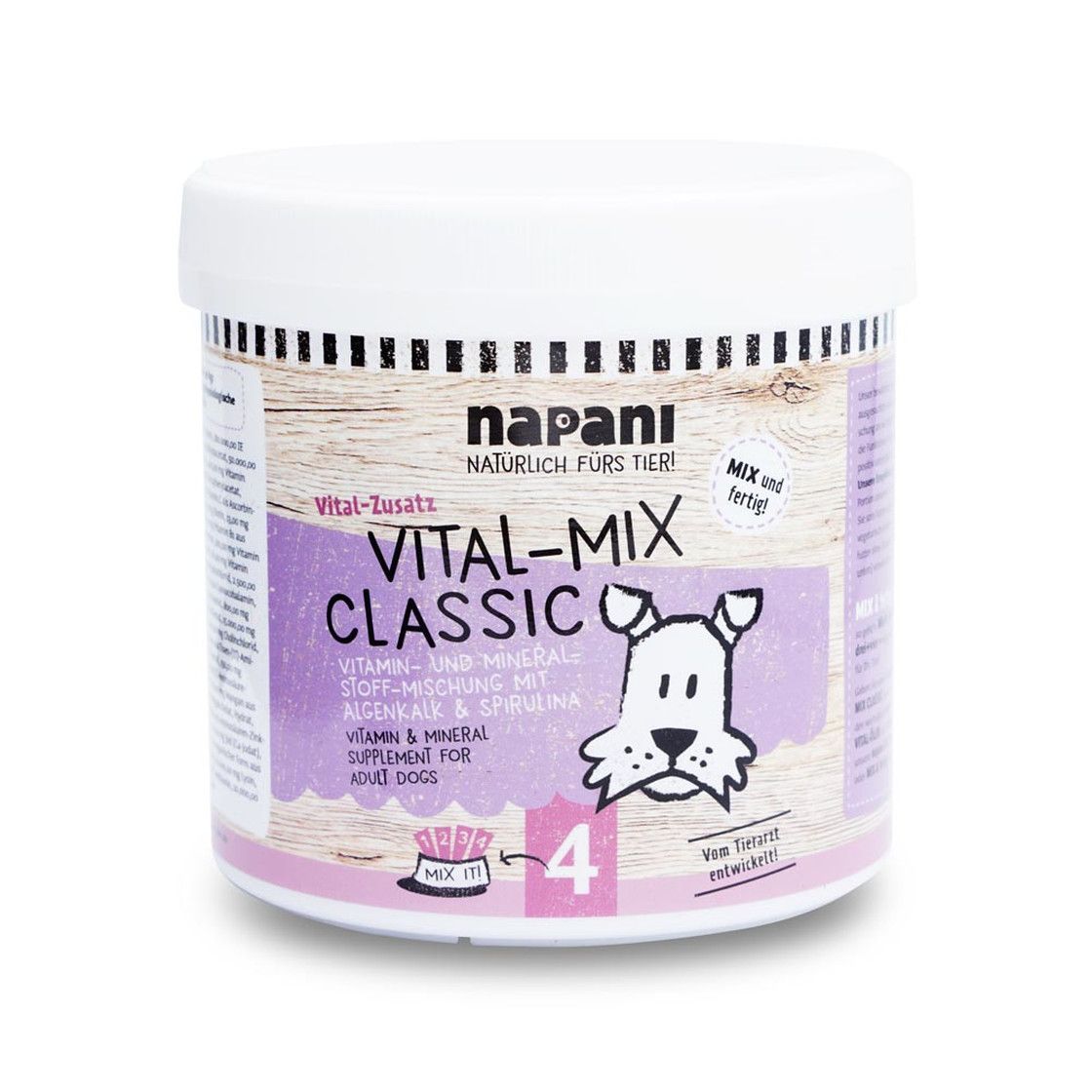 Runde Dose mit weißem Deckel. Aufschrift: napani, Vital-Mix Classic, Vitamin- und Mineralstoffmischung für Hunde. Mit Hund-Illustration.