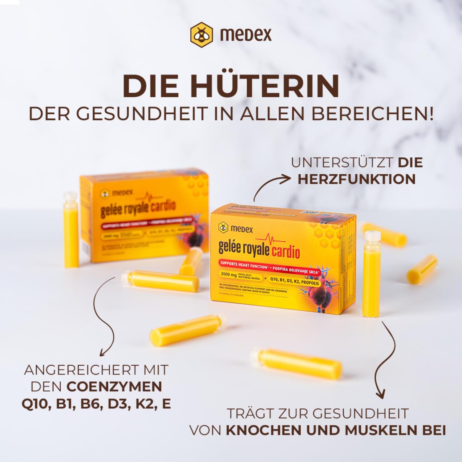 Gelée Royale Cardio Ampullen, gelbe Flüssigkeit in Glasampullen, in Kartonverpackung. Enthält Coenzyme und Vitamine.