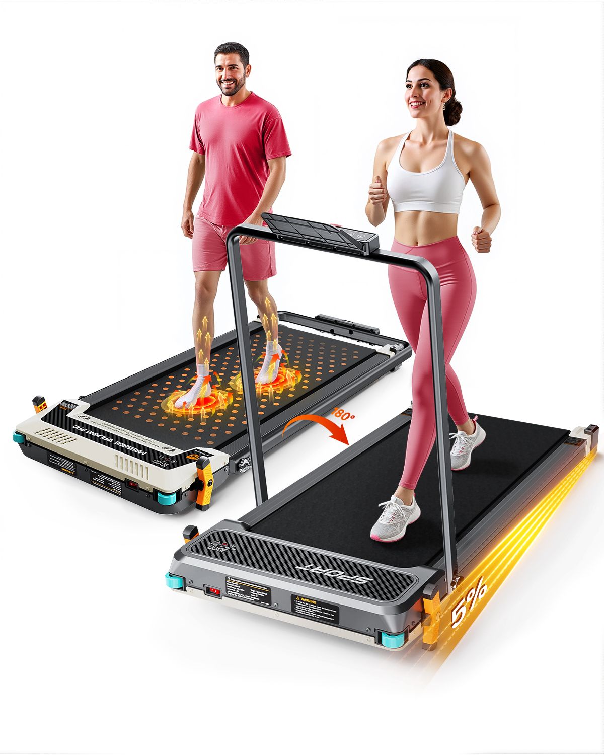 Zwei Laufbänder. Personen trainieren auf den Geräten. Auf einem ist eine Massagefunktion dargestellt. Auf dem anderen ist ein Display zu sehen.