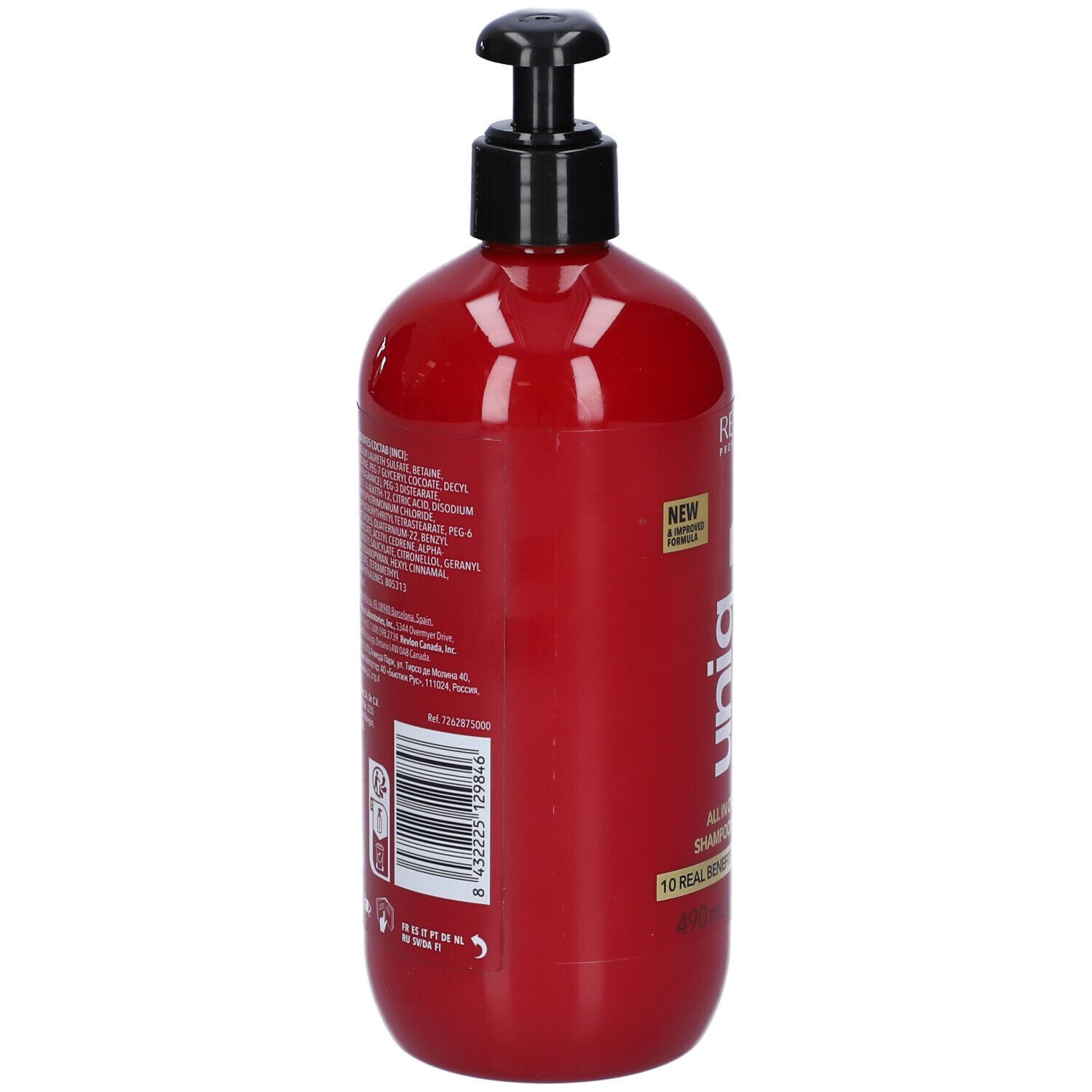 Rote Shampoo-Flasche mit schwarzem Pumpkopf. Rückseite mit Text und Barcode.
