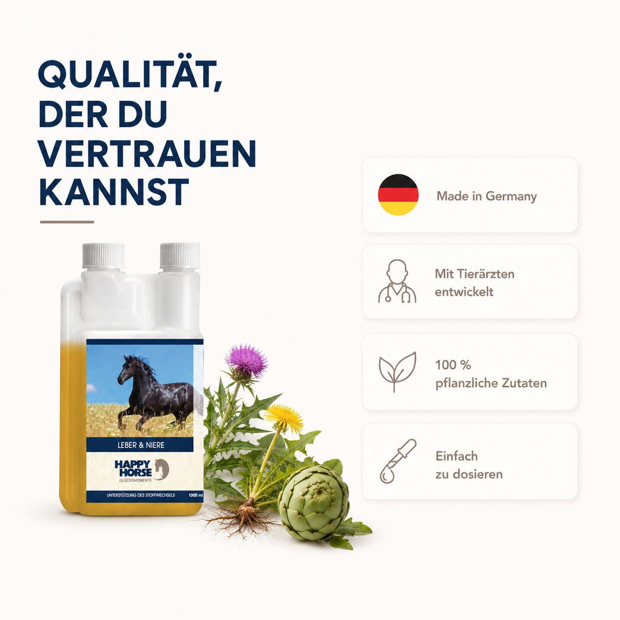 Flasche mit gelbem Inhalt, Etikett zeigt Pferd, daneben Kräuter und Artischocke. "Qualität, der du vertrauen kannst."