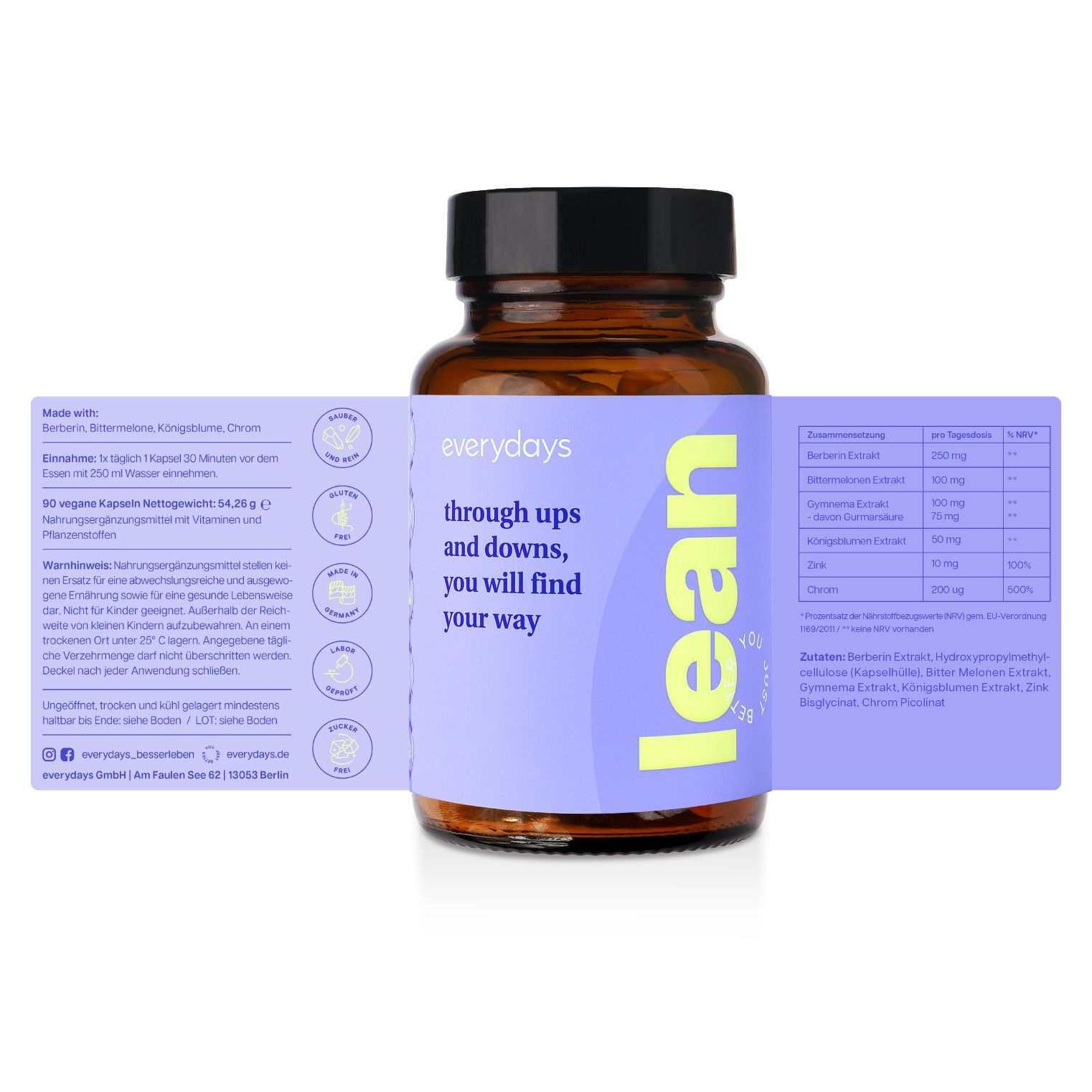 Braune Glasflasche "lean" mit Etikett. Text: "everydays". Aufklappbares Etikett mit Inhaltsstoffen und Informationen.