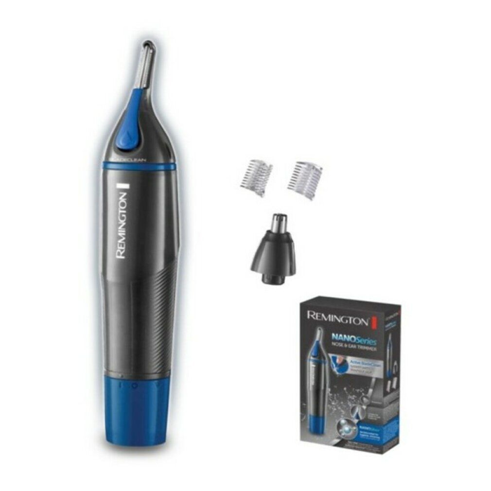 Nasen-/Ohrenhaartrimmer mit Zubehör und Verpackung. Schwarz-blaue Farbe. Marke Remington. NanoSeries.