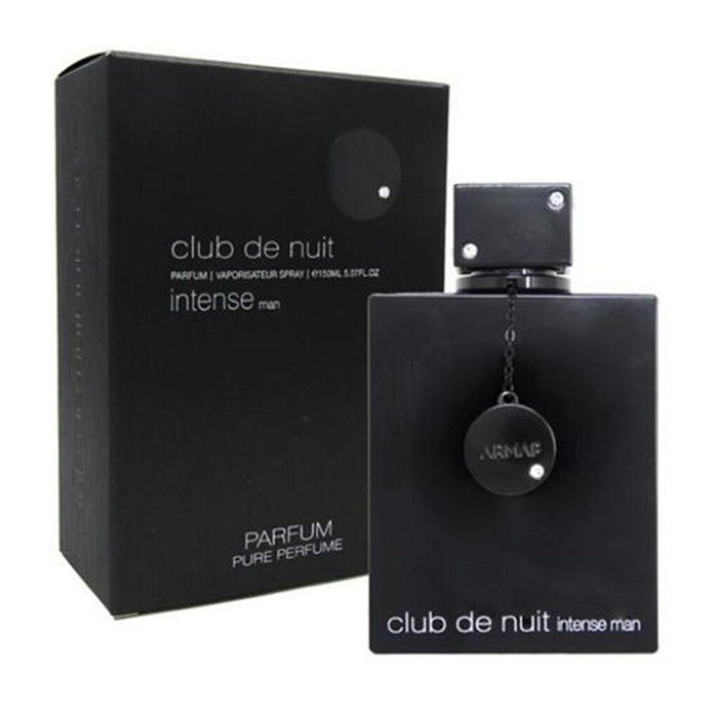 Schwarzer Flakon und Verpackung. Aufschrift: Club de Nuit Intense Man. Schwarze Schachtel.