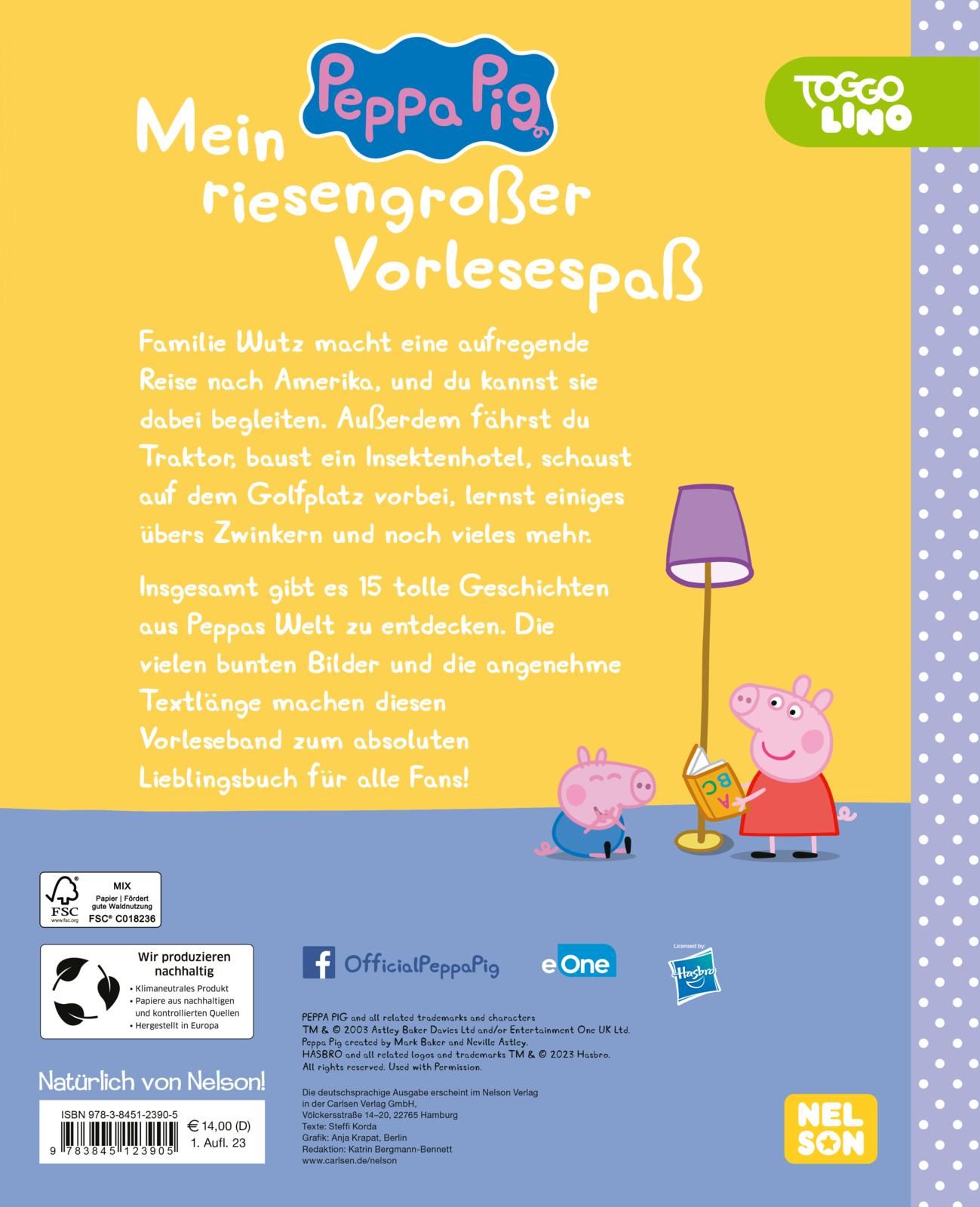 Rückseite des Buches "Peppa Pig: Mein riesengroßer Vorlesespaß". Text und Illustrationen. FSC-Zertifizierung.