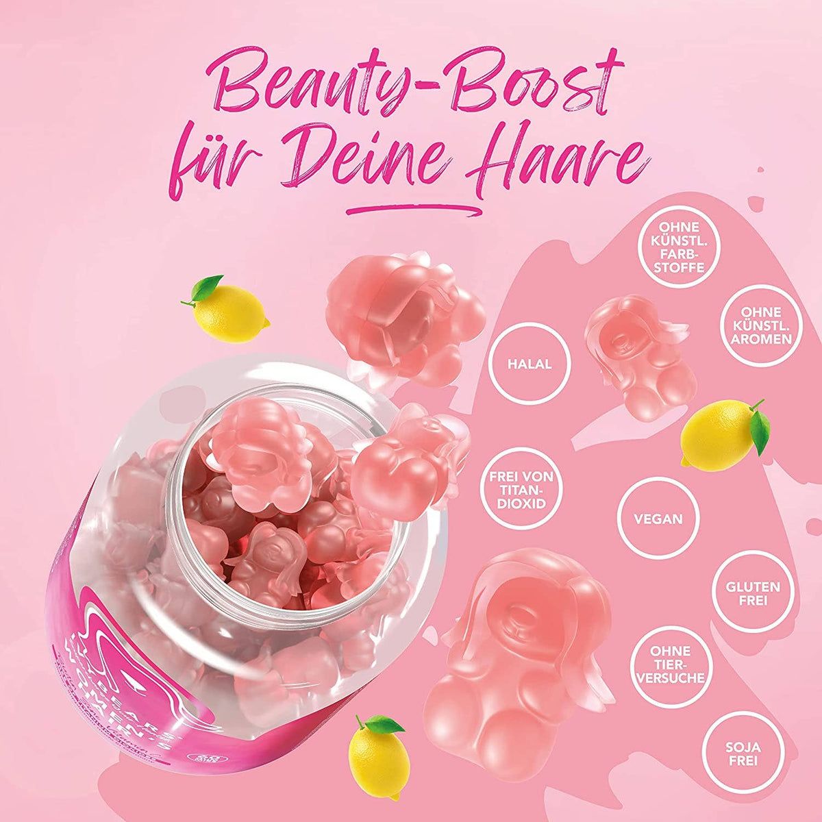 Glas mit Gummibärchen und Zitronen. Aufschrift: Beauty-Boost für Deine Haare. Logos: Halal, Vegan, Glutenfrei.