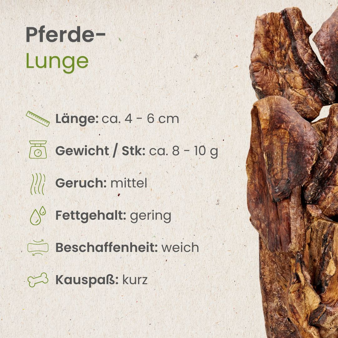 Getrocknete Pferdelunge, ca. 4-6 cm lang, weich, geringer Fettgehalt.