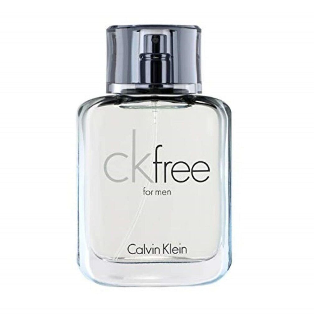 Ckfree for men Flakon. Quadratische Form, transparente Flüssigkeit, silberner Verschluss. Aufschrift: Calvin Klein.