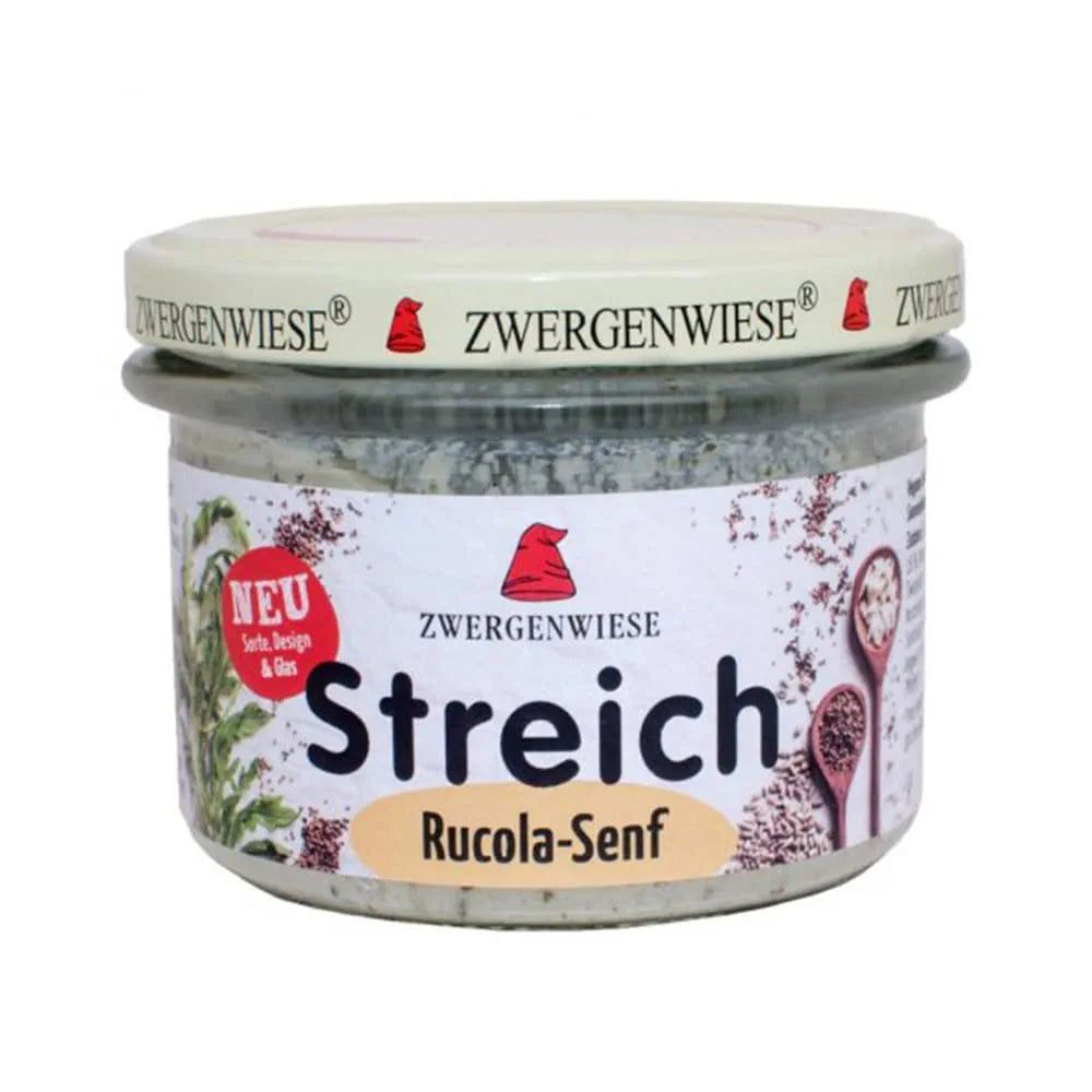 Zwergenwiese Streich Rucola-Senf Glas mit Etikett.