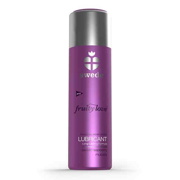 Flasche Fruity Love Lubricant. Lila Flasche mit silbernem Deckel. Aufschrift: swede, Fruity Love, Lubricant.