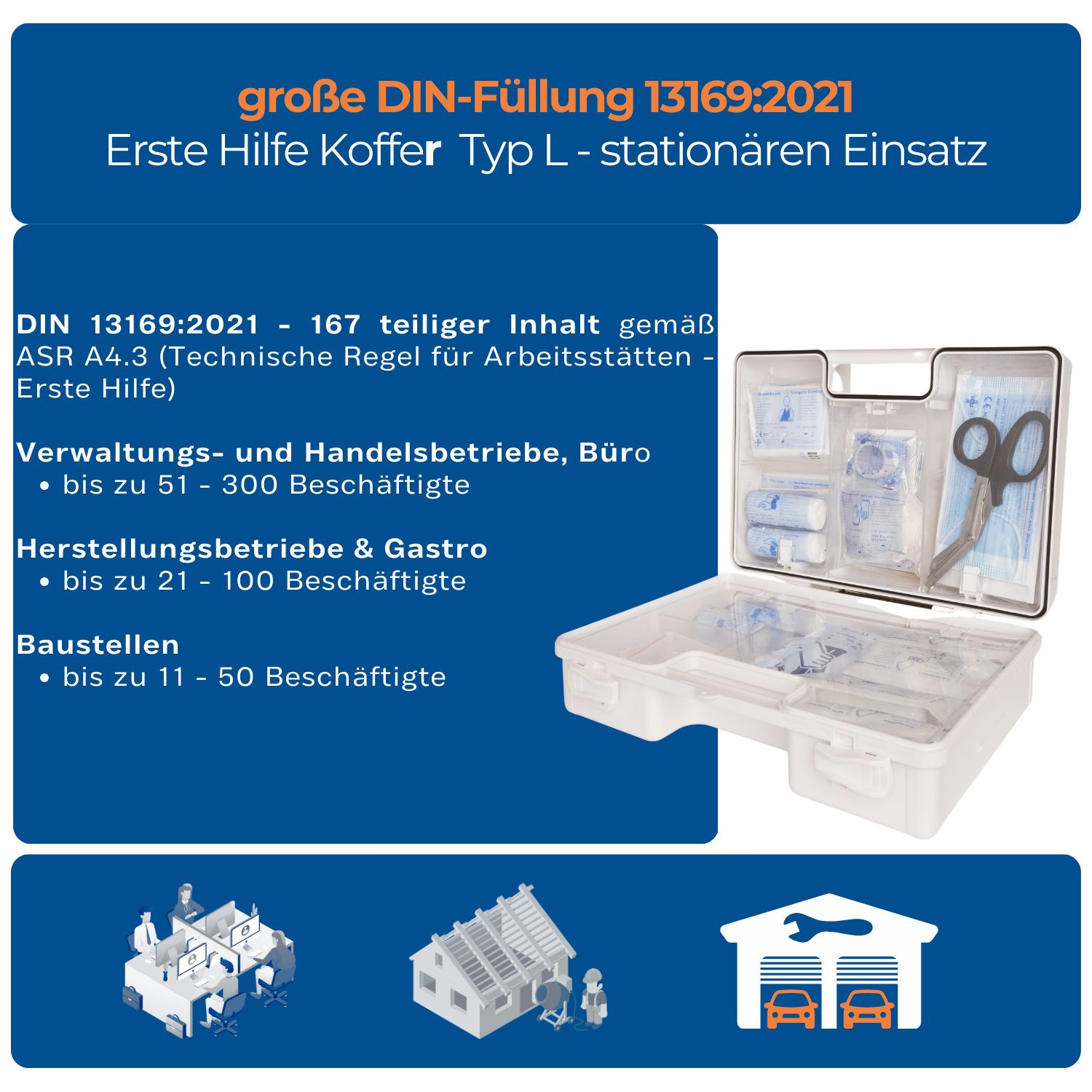 Geöffneter Erste-Hilfe-Koffer mit Inhalt. Beschriftung: DIN 13169:2021. Geeignet für Büro, Verwaltung, Produktion.