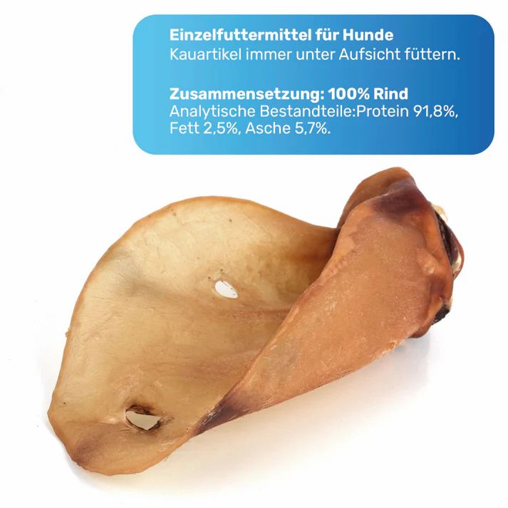 Getrocknetes Rinderohr. Textbox mit Informationen: Einzelfuttermittel für Hunde, 100% Rind, Protein 91,8%, Fett 2,5%, Asche 5,7%.