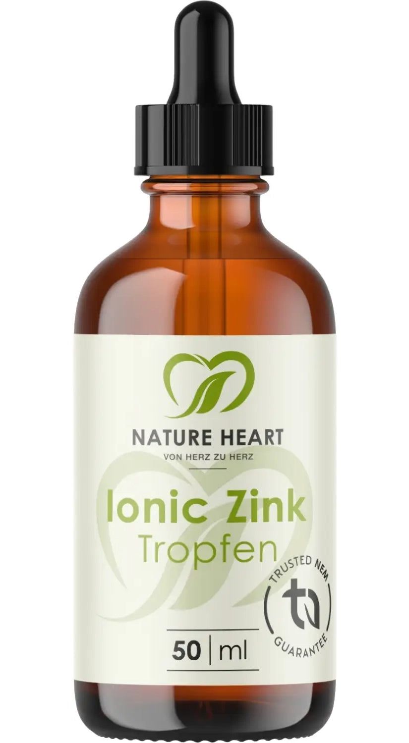 Braunglasflasche mit Tropfer. Etikett mit "Nature Heart", "Ionic Zink Tropfen", 50 ml und Qualitätszeichen.