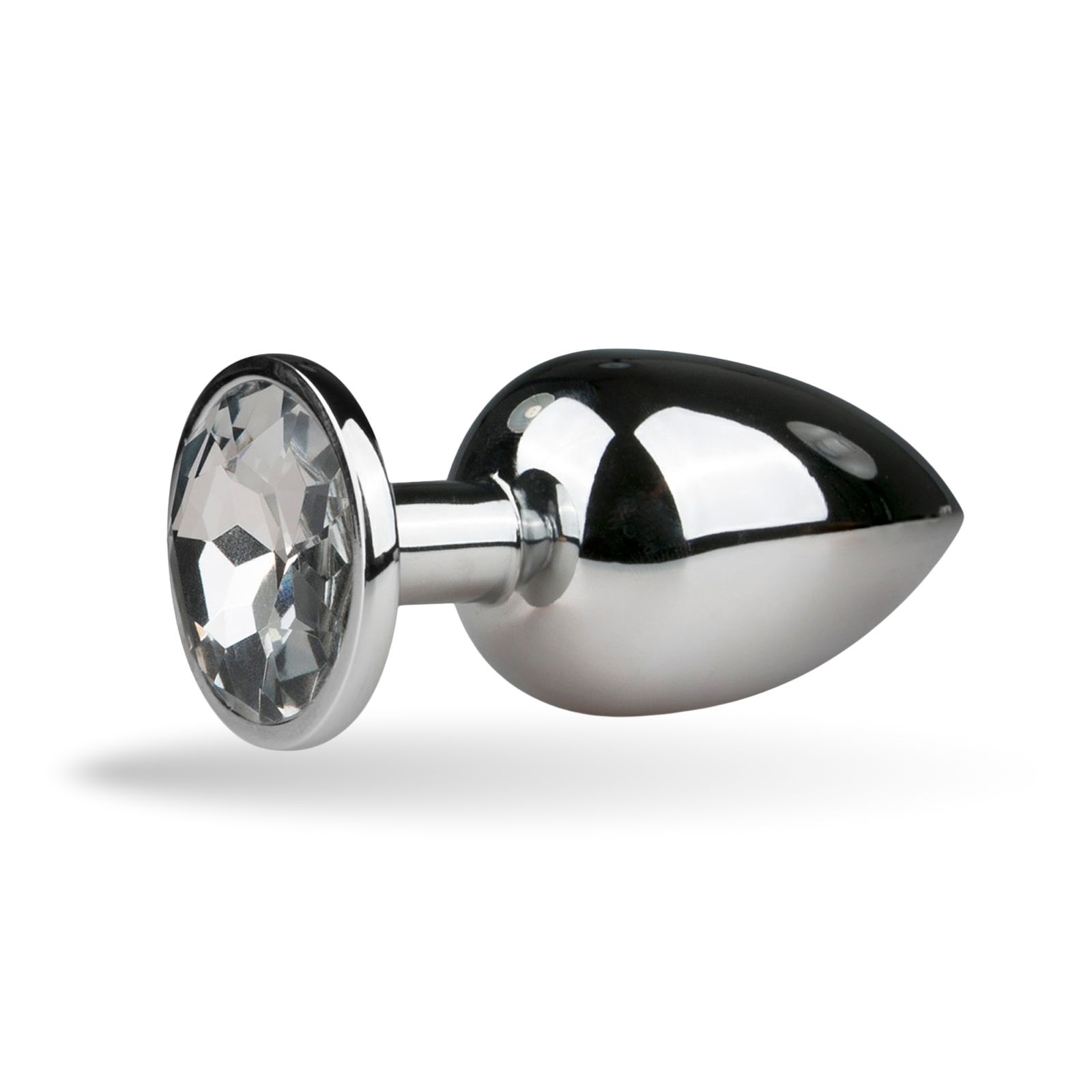 Silberfarbener Analplug aus Metall mit Zierstein. Kegelförmiger Kopf, runder Sockel mit Stein.