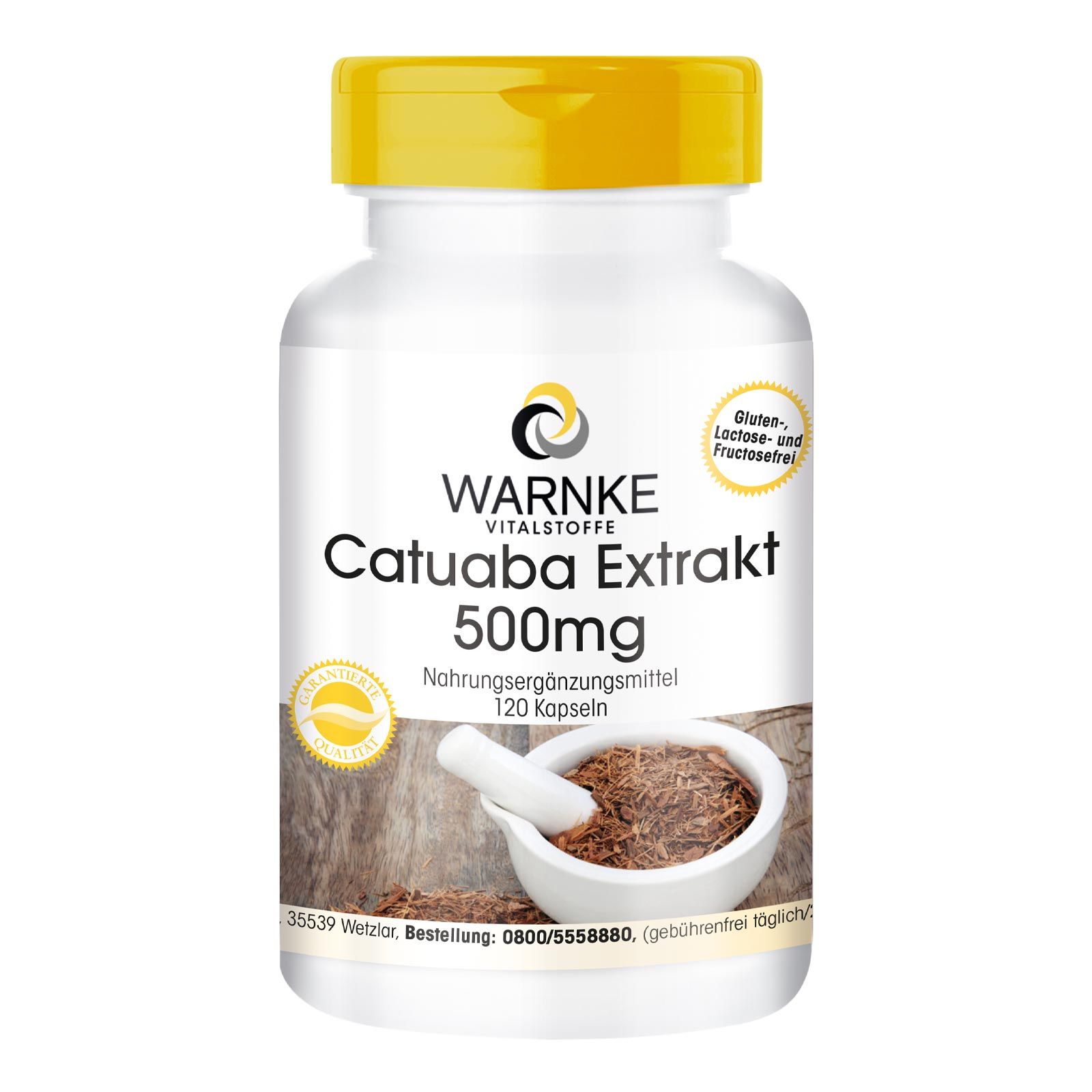 Weiße Flasche mit gelbem Deckel. Aufschrift: Warnke Vitalstoffe, Catuaba Extrakt 500mg. Abbildung einer Schale mit Inhalt.