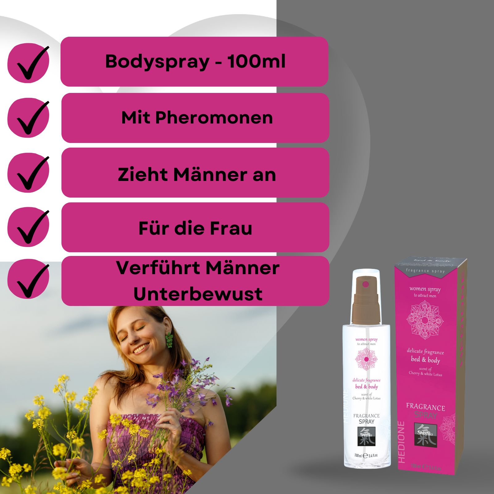 Produkt mit Verpackung und Frau im Feld. Aufschrift: "Bodyspray 100ml", "Für die Frau". Flakon und Verpackung: "women spray", "bed & body", "Fragrance Spray".