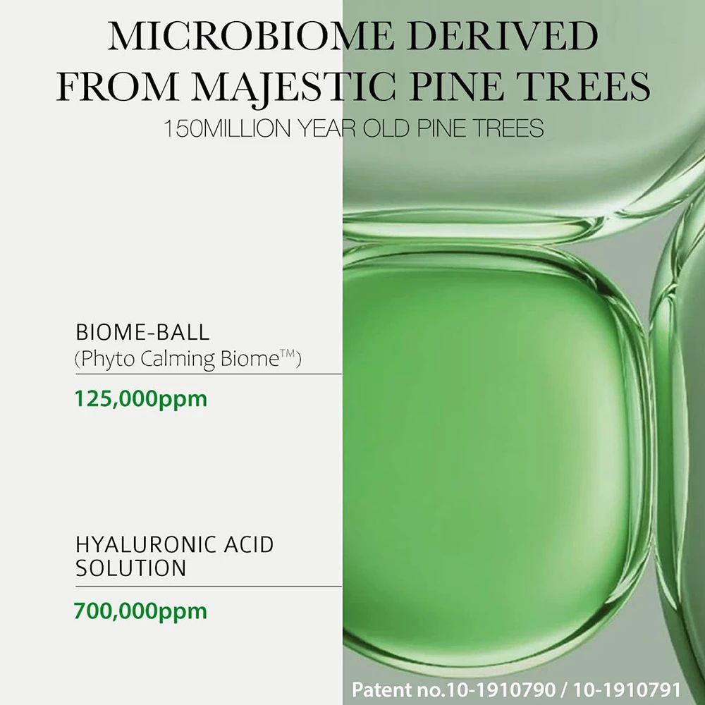 Textabschnitt mit Informationen. Text: Microbiome aus majestätischen Kiefern. Biome-Ball, Hyaluronsäure-Lösung. Patentnummer.