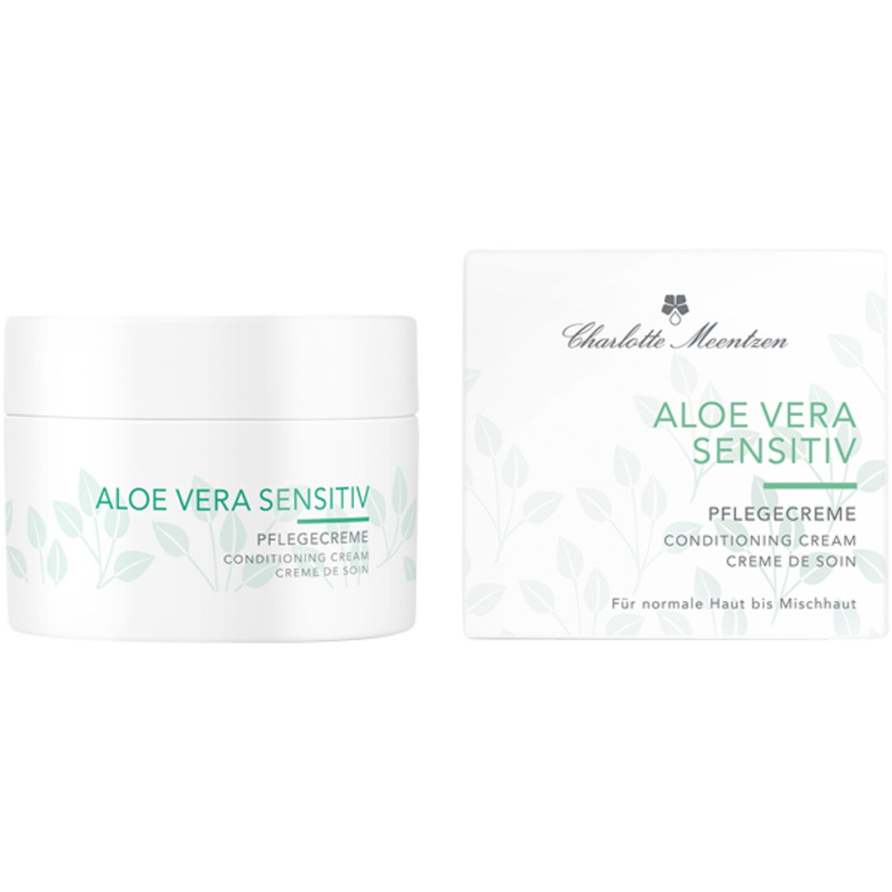 Weißer Tiegel mit Aufschrift Aloe Vera Sensitiv, Pflegecreme. Logo und Produktbezeichnung. Deckel und Dose.